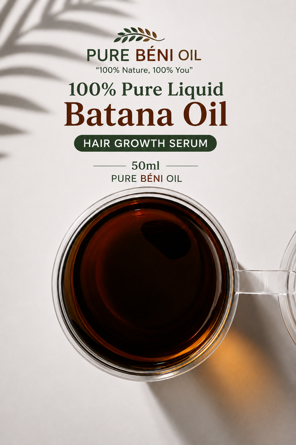 PURE BENI Liquid Batana Oil 50ml with batana nuts on wooden surface — pure natural hair growth serum. Real color