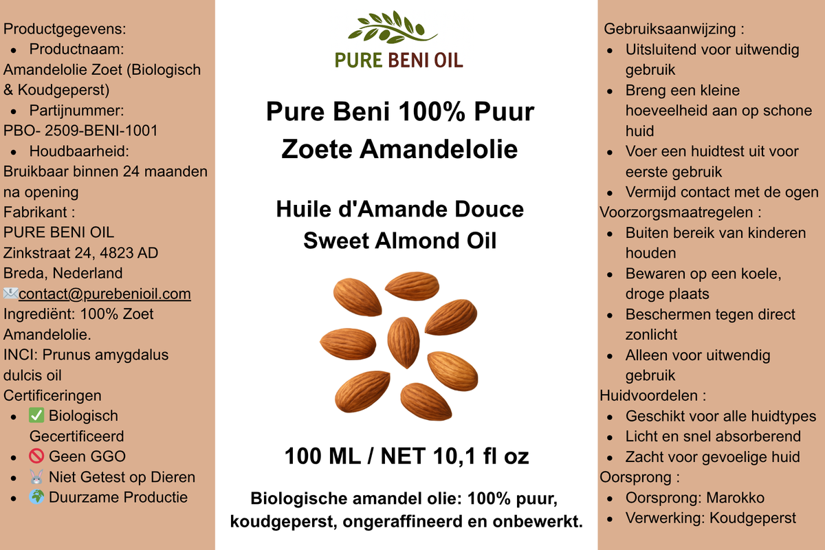 PURE BENI Sweet Almond Oil | Cold-Pressed Carrier Oil for Skin, Hair & Massage
