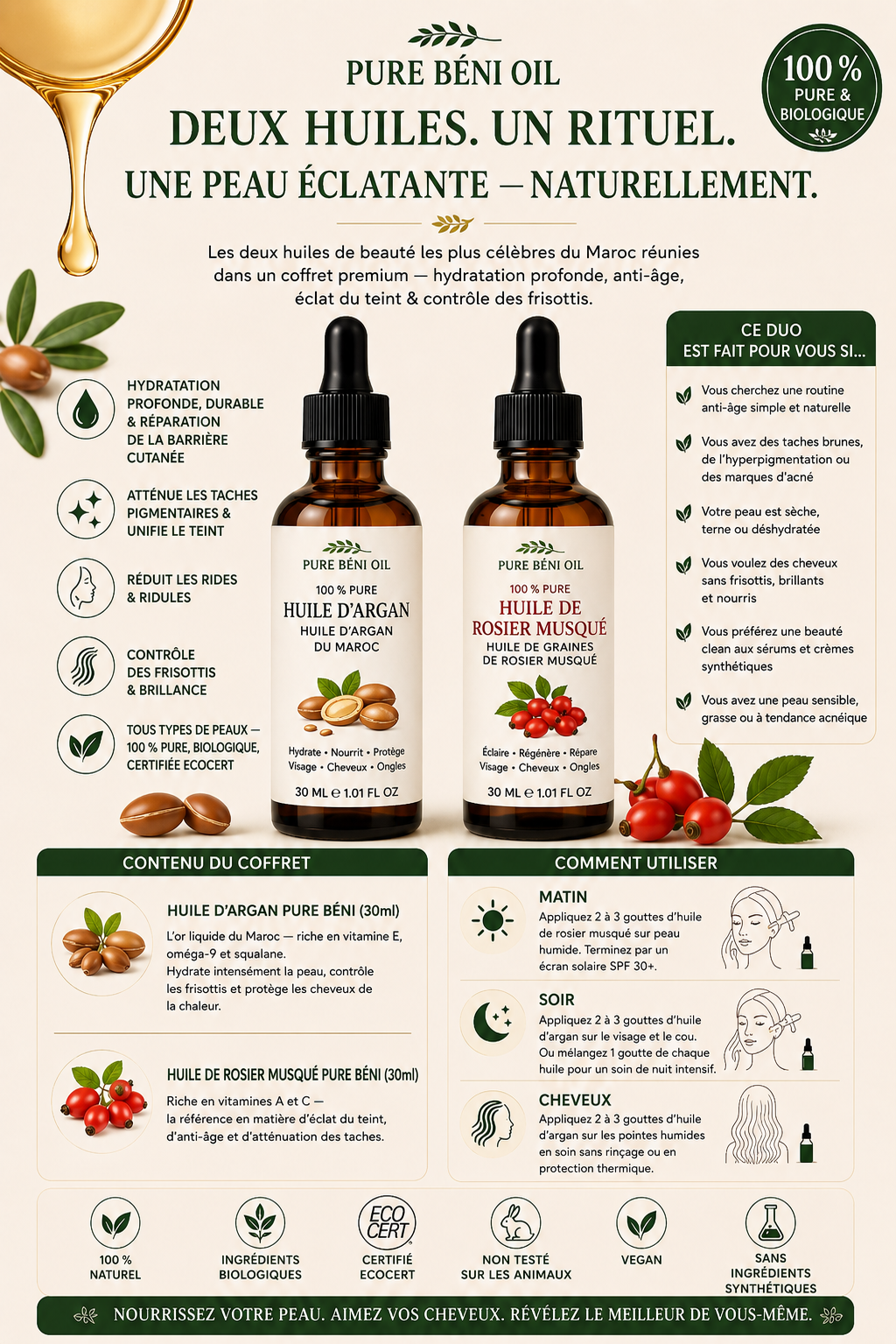Le Duo Éclat Marocain — Huile d'Argan + Huile de Rose Musquée (30ml chacune)