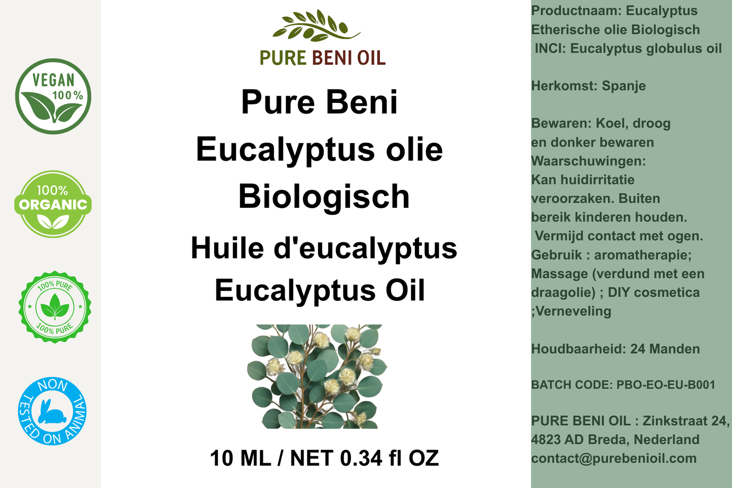 Pure Beni Eucalyptus Essential Oil displayed with fresh eucalyptus leaves in a natural botanical setting, highlighting aromatherapy, respiratory wellness, relaxation, and therapeutic benefits.