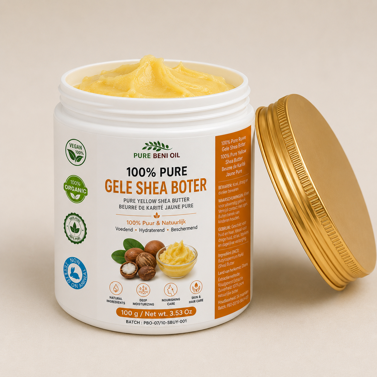 PURE BENI geopende gele shea boter pot – gele textuur zichtbaar