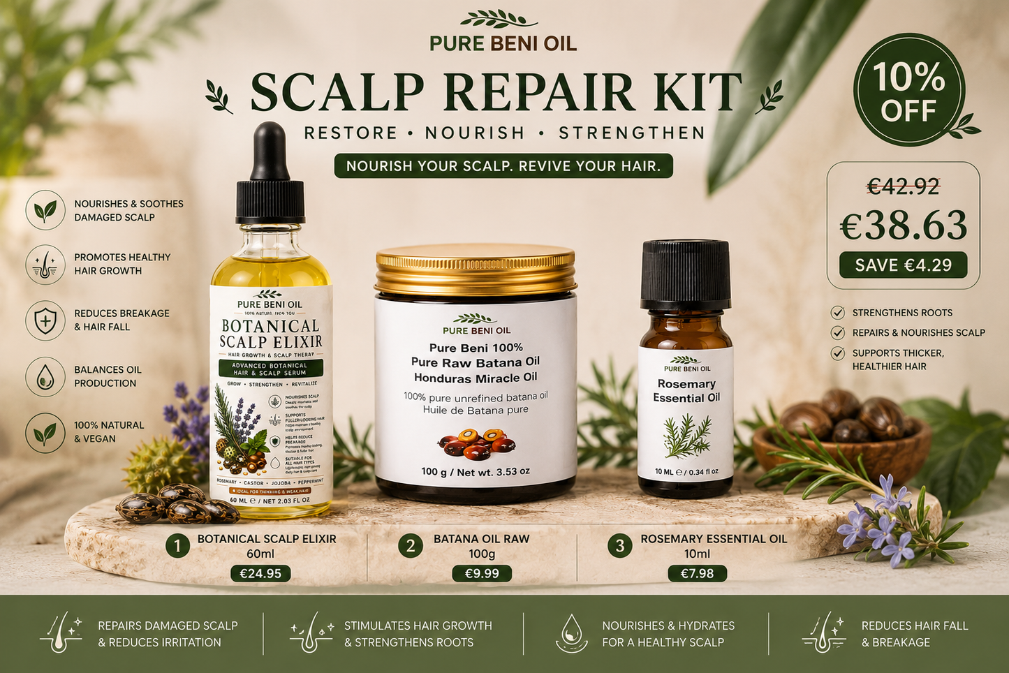 PURE BENI OIL Scalp Repair Kit bundle featuring Botanical Scalp Elixir 60ml, Raw Batana Oil 100g and Rosemary Essential Oil 10ml with 10% discount for damaged scalp, hair loss and healthier hair growth.