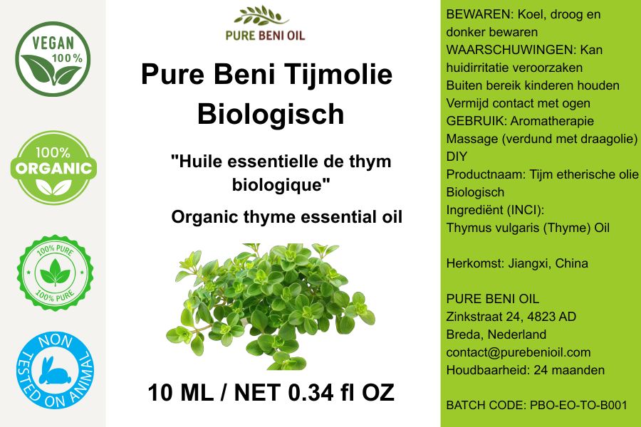 Pure Beni Thyme Essential Oil with fresh thyme herbs for natural wellness aromatherapy immune support and botanical skincare