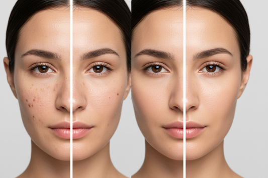 Before and after Rose HP Oil - skin with pigmentation spots versus even, radiant complexion