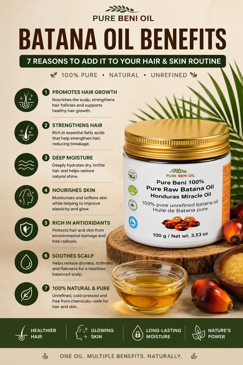 Pure Beni Batana Oil with infographic showing 7 benefits for hair growth, scalp health and skin care.