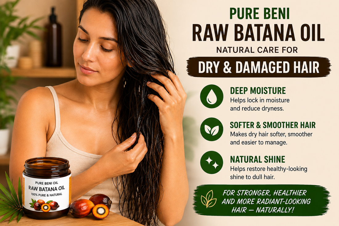 Woman with dry damaged hair applying Pure Beni Raw Batana Oil treatment to improve moisture, softness and healthy-looking shine.