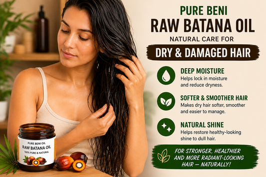 Woman with dry damaged hair applying Pure Beni Raw Batana Oil treatment to improve moisture, softness and healthy-looking shine.