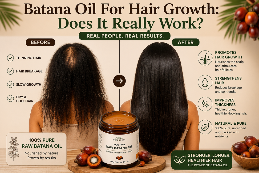 Pure Beni Raw Batana Oil infographic featuring before and after hair transformation, highlighting support for hair growth, reduced thinning, stronger hair strands, improved thickness and healthier scalp care.
