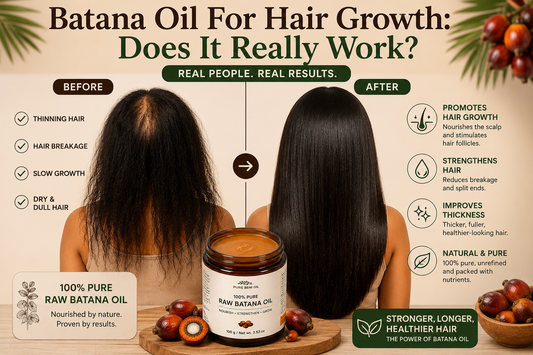Pure Beni Raw Batana Oil infographic featuring before and after hair transformation, highlighting support for hair growth, reduced thinning, stronger hair strands, improved thickness and healthier scalp care.