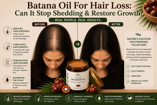 Pure Beni Raw Batana Oil before and after comparison highlighting support for hair loss, reduced shedding, scalp nourishment, stronger hair follicles and improved hair thickness naturally.