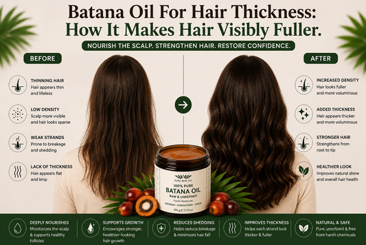Pure Beni Raw Batana Oil infographic featuring before and after hair thickness results, highlighting increased density, fuller-looking hair, stronger strands, reduced breakage and a healthier scalp.
