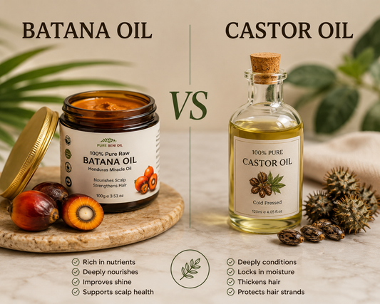 Batana Oil vs Castor Oil comparison for hair growth featuring Pure Beni Raw Batana Oil and Castor Oil, highlighting scalp nourishment, moisture retention, hair strengthening and healthy-looking hair benefits.