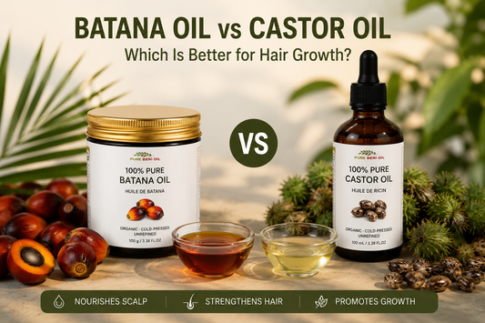 Batana Oil vs Castor Oil comparison for hair growth showing Pure Beni Oil Batana Oil and Castor Oil, highlighting scalp nourishment, hair strengthening and natural hair growth benefits.