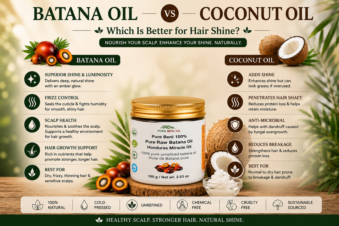 Comparison of PURE BÉNI 100% Pure Raw Batana Oil and coconut oil for hair shine, showing the benefits of batana oil for natural shine, frizz control, scalp health, and healthy-looking hair.