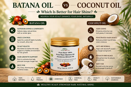 Comparison of PURE BÉNI 100% Pure Raw Batana Oil and coconut oil for hair shine, showing the benefits of batana oil for natural shine, frizz control, scalp health, and healthy-looking hair.