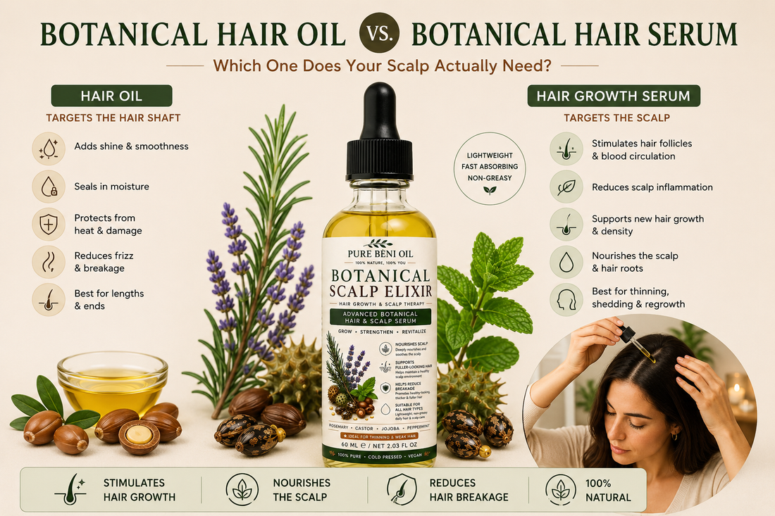 Comparison between botanical hair oil and botanical hair growth serum featuring PURE BÉNI Botanical Scalp Elixir, natural ingredients, and a woman applying the serum to promote healthy scalp and stronger hair growth.