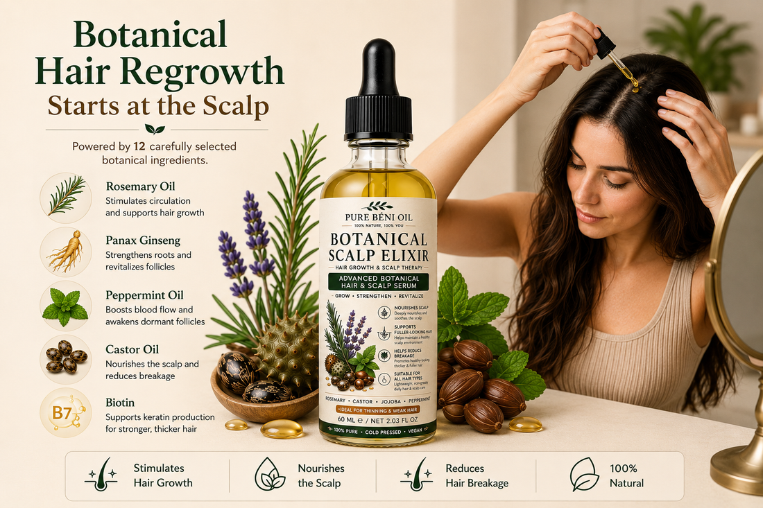 Woman applying PURE BÉNI Botanical Scalp Elixir to her scalp at home with rosemary, peppermint, castor oil, ginseng and other botanical ingredients surrounding the bottle, promoting natural hair growth and a healthy scalp.