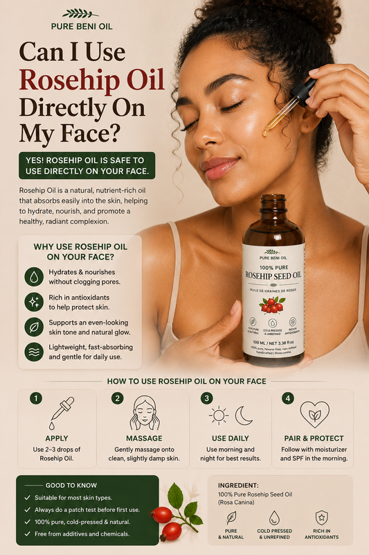 Hand holding a glass dropper of rosehip oil over a marble surface can I use rosehip oil directly on my face