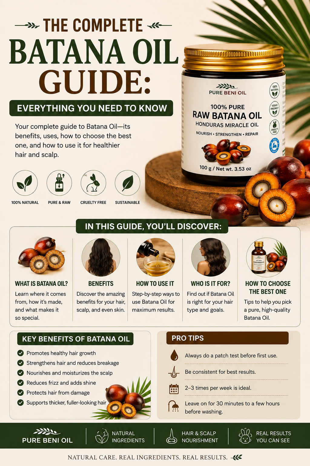 Batana oil guide showing benefits for hair growth, scalp nourishment, hair strengthening, how to use batana oil and tips for choosing pure batana oil products.