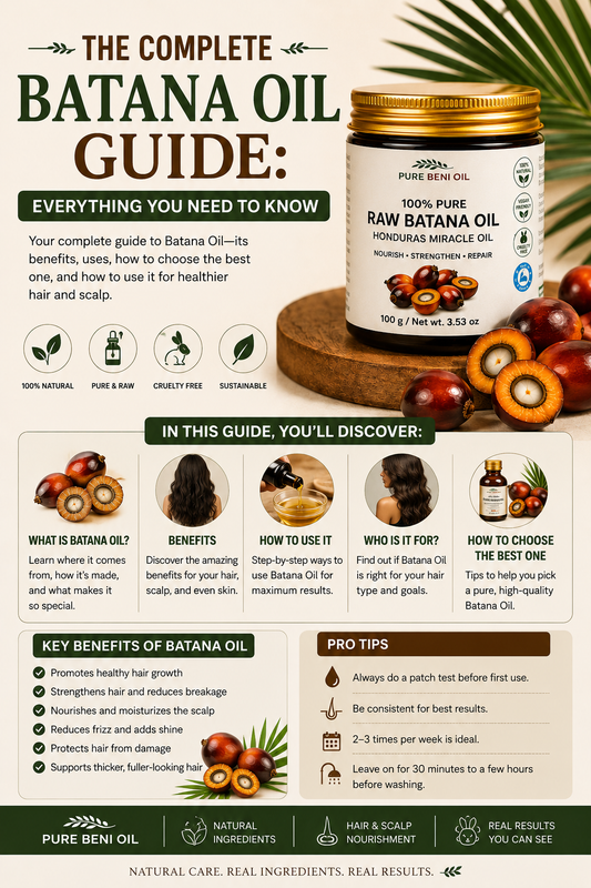 Batana oil guide showing benefits for hair growth, scalp nourishment, hair strengthening, how to use batana oil and tips for choosing pure batana oil products.