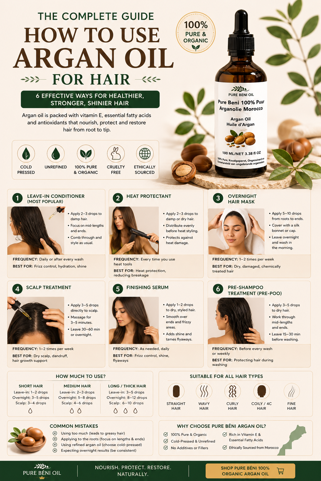 How to use 100% Pure Organic Argan Oil for hair to hydrate, reduce frizz, protect against heat, and nourish healthy hair.