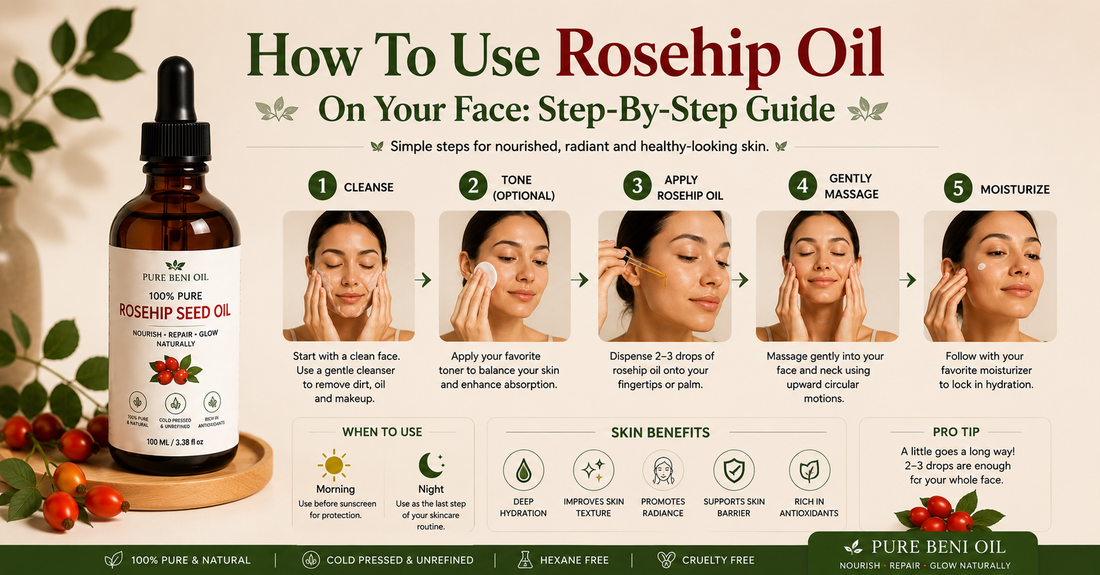How to use rosehip oil on your face step by step skincare guide showing the correct application routine with Pure Beni Rosehip Oil for healthy glowing skin