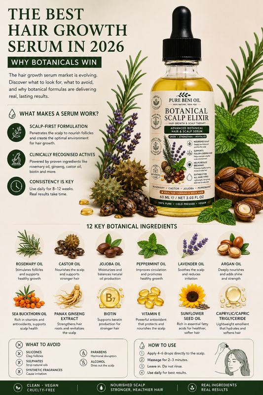 PURE BÉNI Botanical Scalp Elixir with 12 botanical ingredients for hair growth, scalp nourishment and stronger, healthier hair.