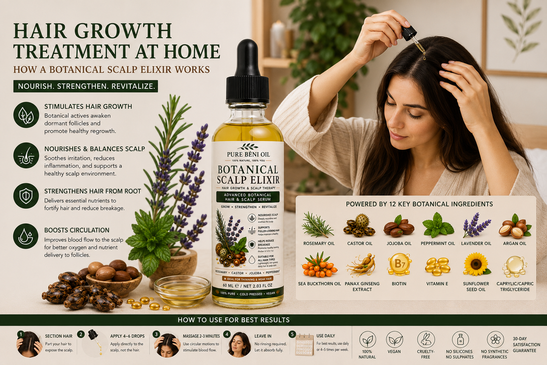 Woman using PURE BÉNI Botanical Scalp Elixir at home for natural hair growth, scalp nourishment and stronger, healthier hair.