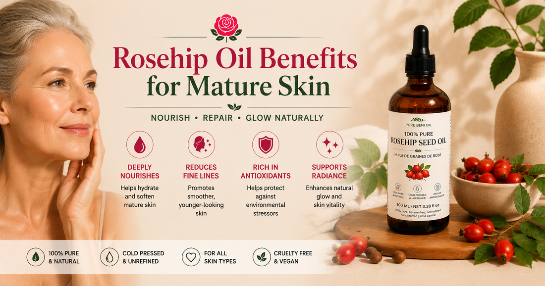 Elegant amber bottle of rosehip oil with rose petals on marble — rosehip oil benefits for mature skin