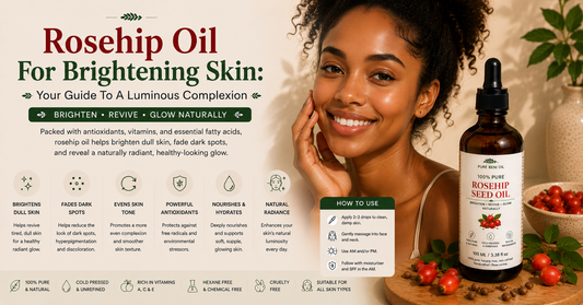 Smiling Black woman with glowing radiant skin next to Pure Beni Rosehip Seed Oil bottle illustrating how rosehip oil helps brighten skin, reduce dark spots and promote a luminous complexion naturally