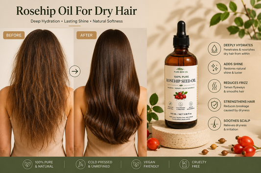 Pure Beni Rosehip Seed Oil before and after infographic for dry hair, highlighting deep hydration, frizz reduction, improved shine, stronger hair and a healthier scalp.