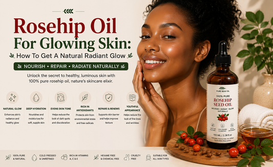 Rosehip oil for glowing skin featuring Pure Beni Rosehip Seed Oil with rosehip berries helping promote radiant hydrated healthy glowing skin naturally