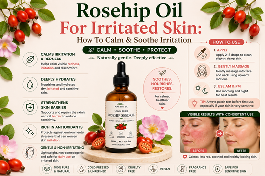 Pure Beni Rosehip Oil infographic for irritated skin, highlighting soothing benefits, reduced visible redness, deep hydration, skin barrier repair, antioxidant protection and improved skin comfort.