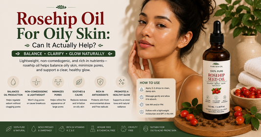 Rosehip oil for oily skin showing a woman with healthy balanced skin and Pure Beni Rosehip Seed Oil helping regulate excess oil and support a clear glowing complexion