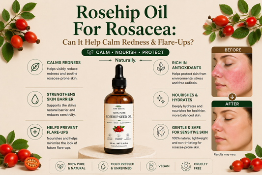 Pure Beni Rosehip Oil before and after comparison for rosacea-prone skin, showing visibly calmer skin, reduced redness, improved hydration, skin barrier support and enhanced skin comfort naturally.