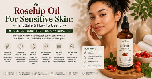 Rosehip oil for sensitive skin showing a woman with healthy glowing skin and Pure Beni Rosehip Seed Oil with tips on safe use and soothing skincare benefits
