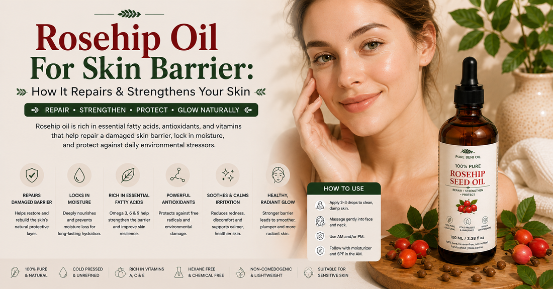 White woman with healthy glowing skin beside Pure Beni Rosehip Seed Oil bottle showing how rosehip oil helps repair, strengthen and protect the skin barrier naturally