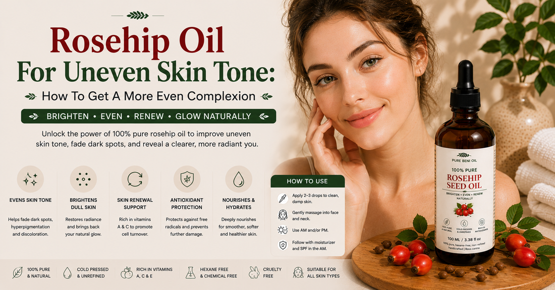 Woman with radiant even skin tone beside Pure Beni Rosehip Seed Oil bottle showing how rosehip oil helps reduce dark spots, improve skin texture and promote a brighter complexion naturally