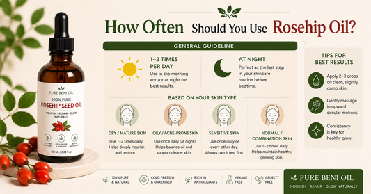 "How often should you use rosehip oil infographic showing daily skincare routine recommendations for dry oily sensitive and mature skin with Pure Beni Rosehip Oil"