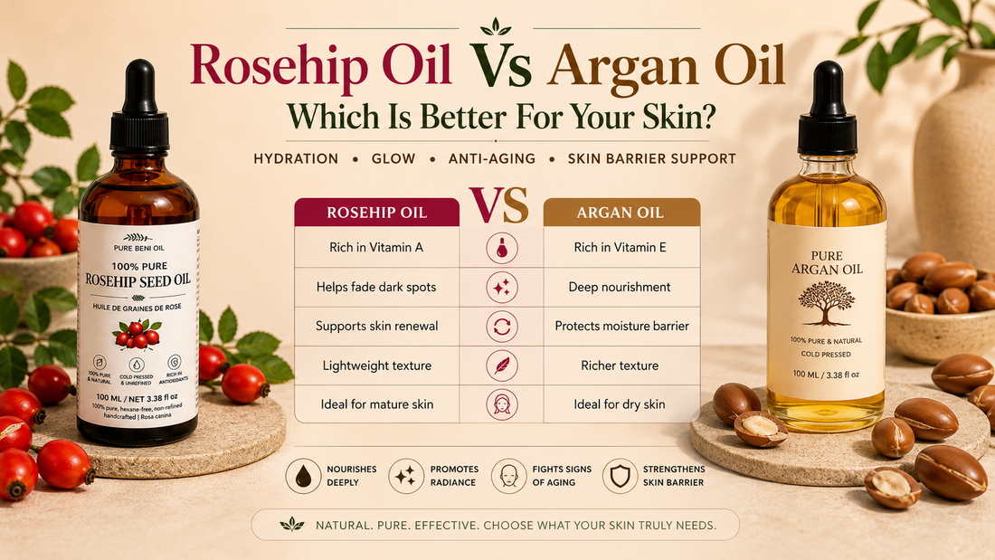 Rosehip Oil vs Argan Oil comparison showing benefits for mature skin dry skin hydration glow and anti aging skincare