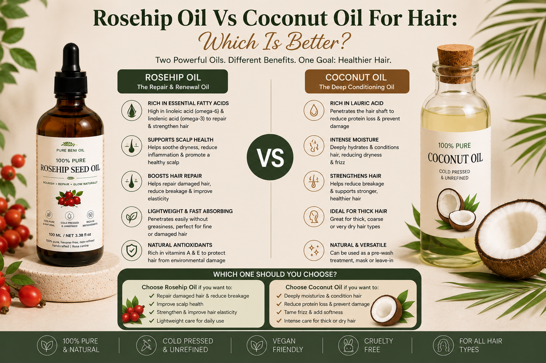 Side-by-side comparison of Rosehip Oil and Coconut Oil for hair, showing benefits for damaged hair repair, scalp nourishment, moisture retention, hair strengthening and healthy hair growth support.