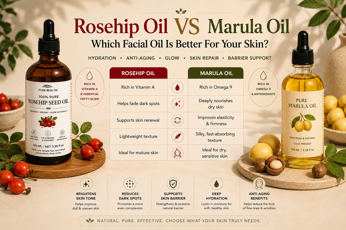 Rosehip Oil vs Marula Oil comparison highlighting hydration anti-aging skin renewal glow and skin barrier support