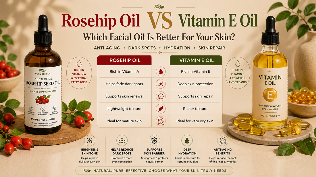 Rosehip Oil vs Vitamin E Oil comparison showing antioxidant benefits skin repair hydration and anti-aging support