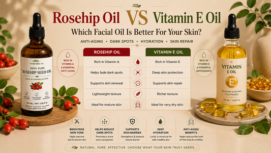 Rosehip oil and vitamin E oil bottles side by side on marble surface — rosehip oil vs vitamin E oil