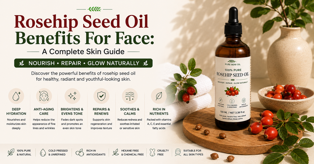 Rosehip seed oil benefits for face featuring Pure Beni Rosehip Seed Oil with rosehip berries highlighting hydration glow anti aging and skin renewal benefits