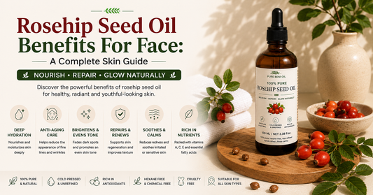 Rosehip seed oil benefits for face featuring Pure Beni Rosehip Seed Oil with rosehip berries highlighting hydration glow anti aging and skin renewal benefits