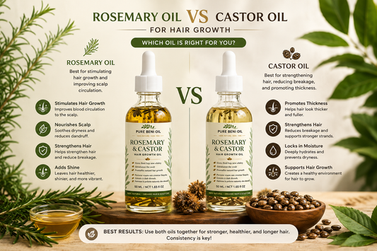 Rosemary oil vs castor oil for hair growth comparison by Pure Beni Oil