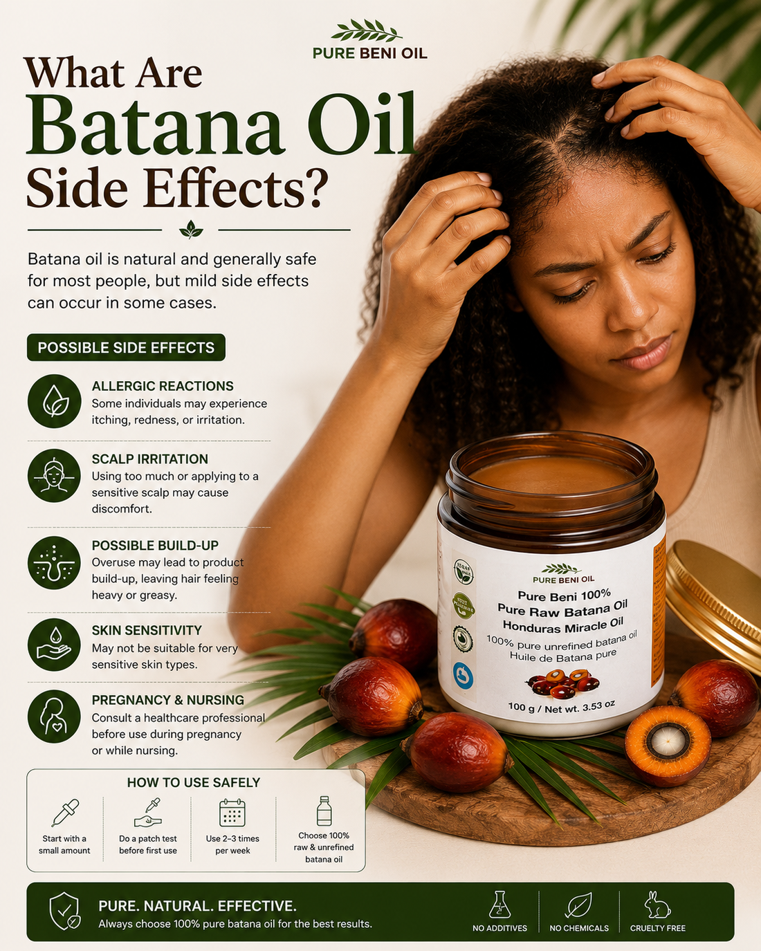 Batana Oil side effects infographic showing scalp care tips, possible allergic reactions, scalp irritation, product build-up, and safe ways to use Batana Oil for healthy-looking hair and scalp.