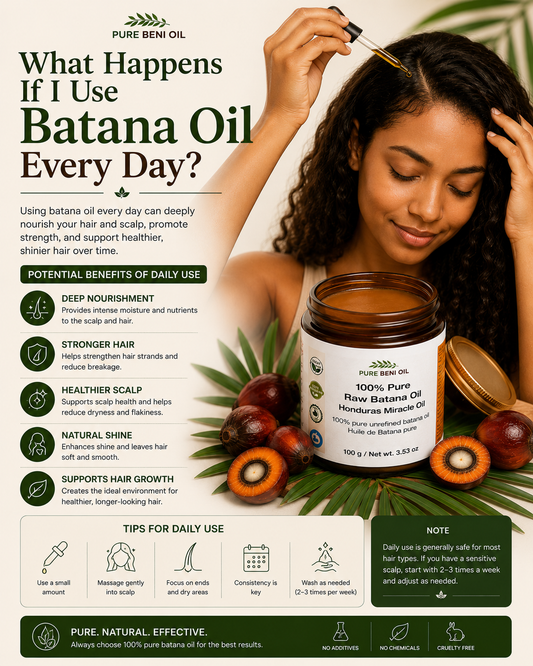 Daily Batana Oil hair care infographic showing a woman applying Batana Oil to nourish the scalp, strengthen hair, improve shine, reduce dryness, and support healthier-looking hair naturally.