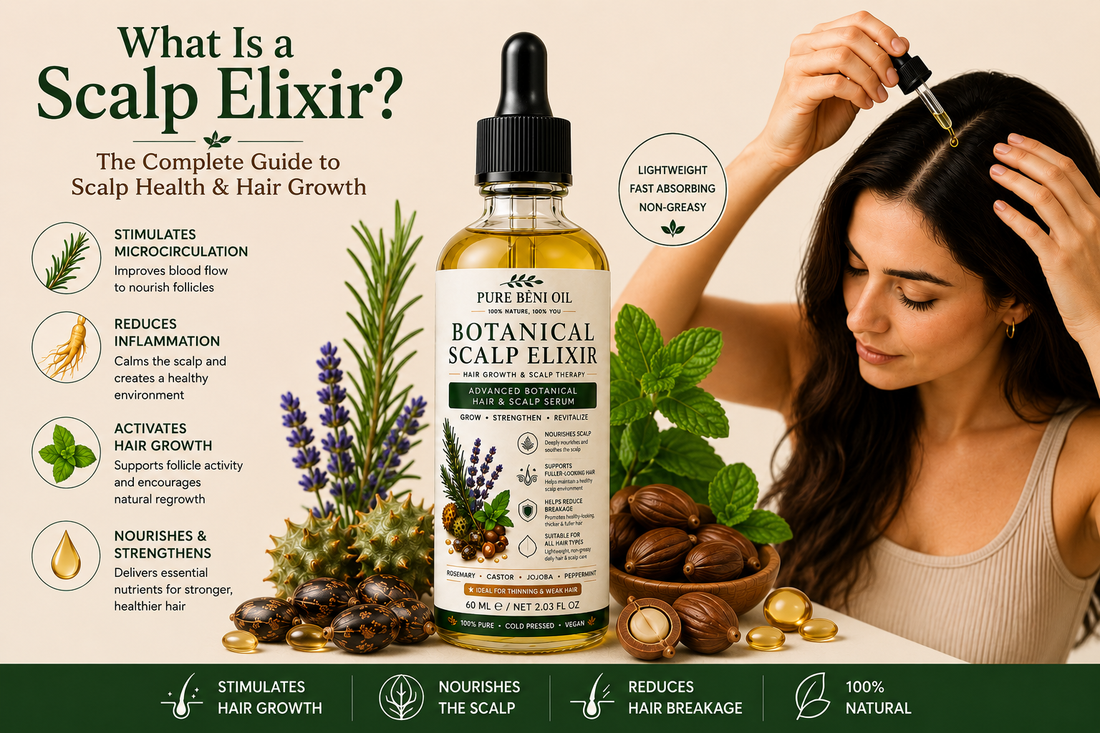 Woman applying PURE BÉNI Botanical Scalp Elixir to her scalp at home with botanical ingredients surrounding the bottle, illustrating a natural scalp treatment that promotes healthier hair growth and nourishes the scalp.
